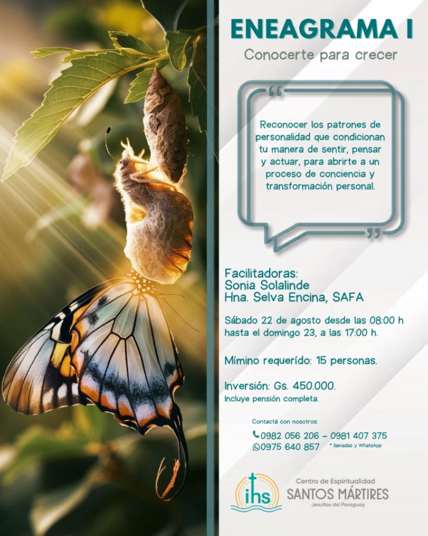 Flyer del taller vivencial Eneagrama I «Conocerte para crecer», del sábado 22 al domingo 23 de agosto en el Centro de Espiritualidad Santos Mártires