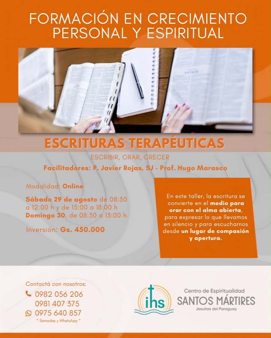 Flyer de la formación virtual Escrituras Terapéuticas «Escribir, Orar, Crecer», sábado 29 y domingo 30 de agosto
